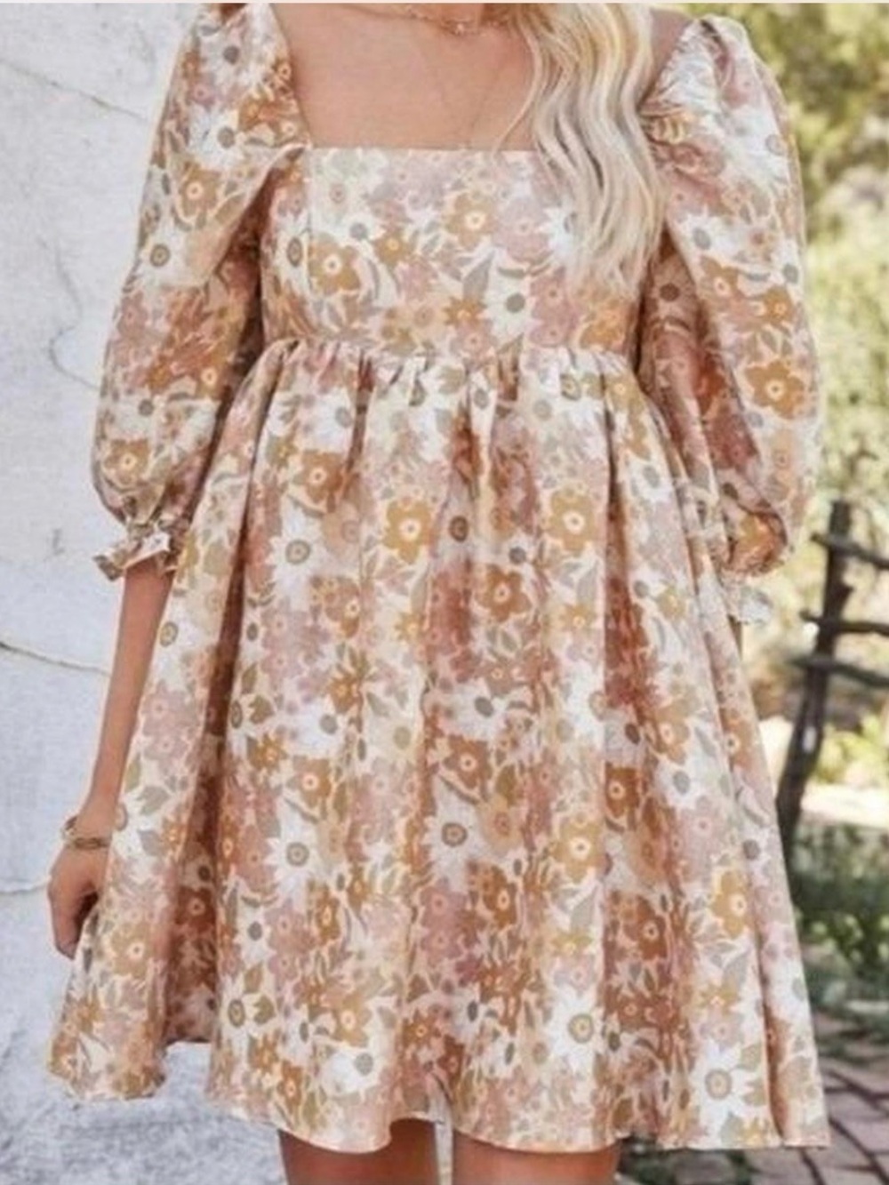 Storia‎ Floral Metallic Puff Sleeve Babydoll Mini Dress - Medium